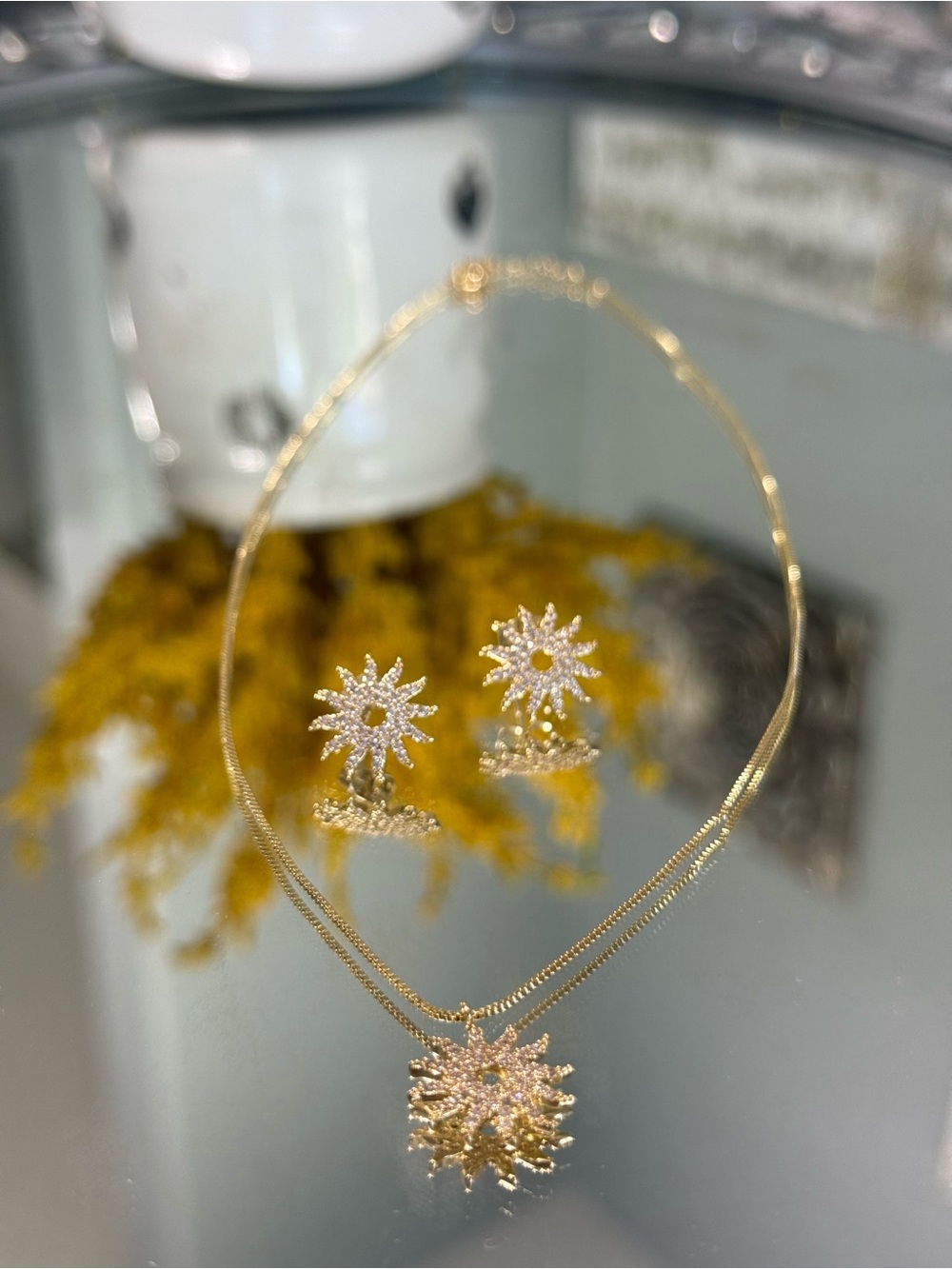 Gold Sunburst Crystal Necklace and Earrings Set - Gold